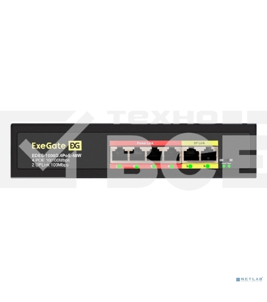 Коммутатор неуправляемый ExeGate EDES-1006D.4PoE-48W (6-портовый UTP 10/100 Base-Tx: 4 порта 802.3af (PoE), мощность PoE: 25W, суммарно 48W, 2 порта RJ45 uplink, настенный/настольный, металлический корпус)