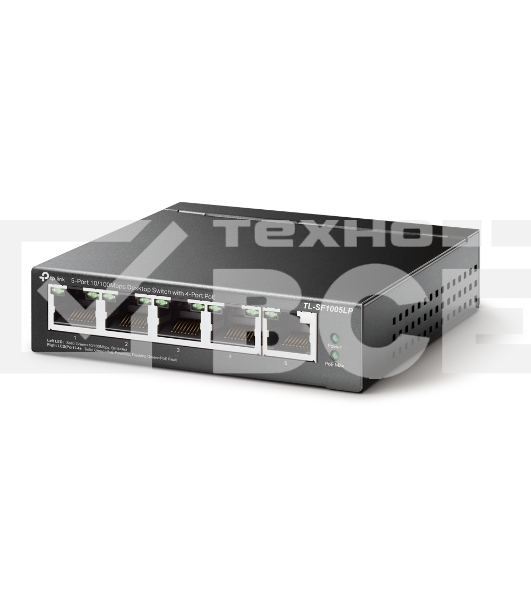 Коммутатор 5-Port 10/100Mbps Unmanaged Switch with 4-Port PoE, meta case, desktop mount, PoE budget 41W.