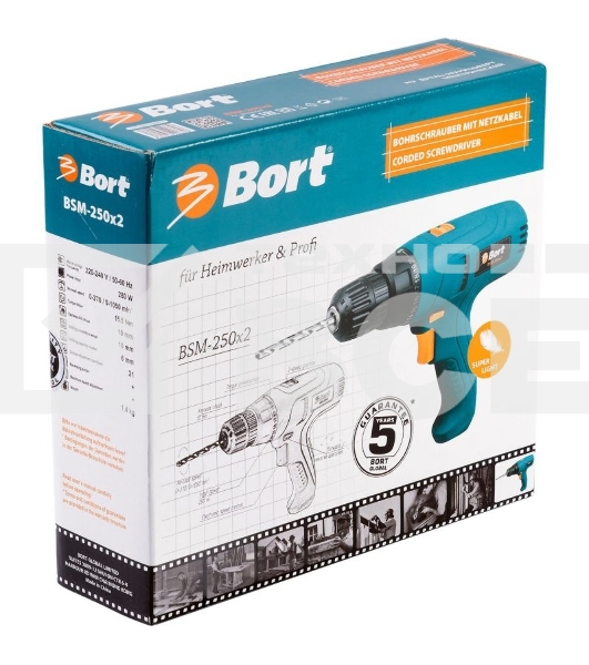 Дрель-шуруповерт Bort BSM-250x2, 280 Вт, 25 Нм, щеточный