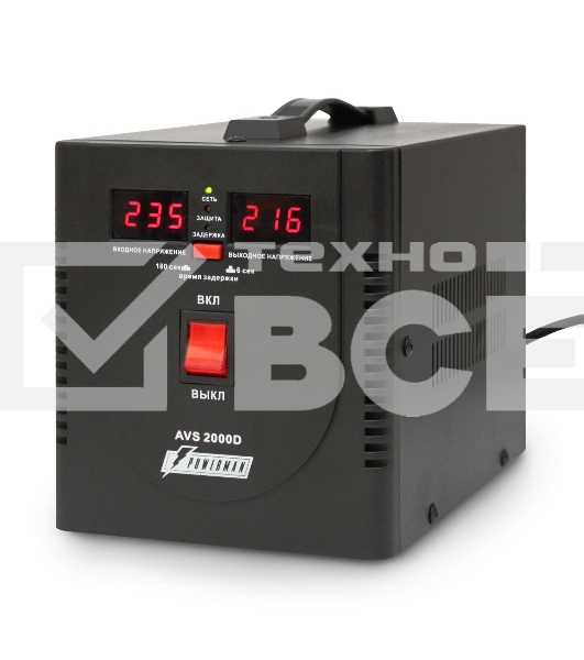 Стабилизатор напряжения Powerman AVS-D Voltage Regulator 2000VA, Digital Indication, 2x Schuko Outlets, 1m Power Cord, 230V, 1 year warranty, Black 