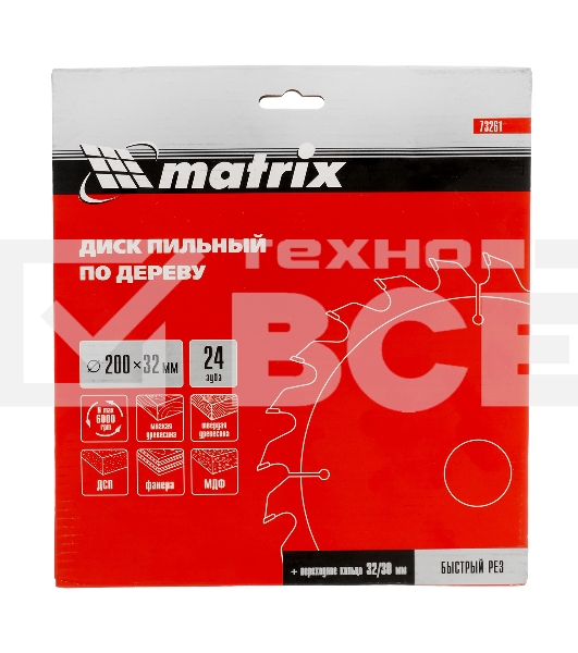Пильный диск по дереву, ф200 х 32 мм, 24 зуба + кольцо 32/30 Matrix