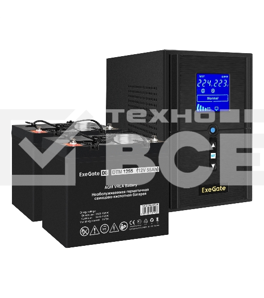 Комплект ИБП EX295988RUS + батарея 55Aч EX285667RUS 2шт (инвертор, синус, для котла) ExeGate SineTower SZ-1500.LCD.AVR.2SH.1C13.USB <1500VA/1200W, чистый синусоида, LCD дисплей, AVR, 2*Schuko+1*C13, USB, линейно-интерактивный, Black> + батарея ExeGate DTM