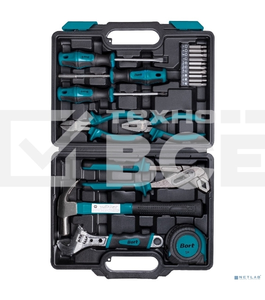 Набор ручного инструмента Bort BTK-19(93412864) Предметов в наборе 19 шт; Материал Сталь; Вес изделия 2,2 кг; Вес брутто=2,64 (Вес нетто=2,64) кг; 36,5 x 6,5 x 22; набор аксессуаров 20 шт; Биты из хромванадиевой стали, Отвертка с двухкомпонентной рукоятко