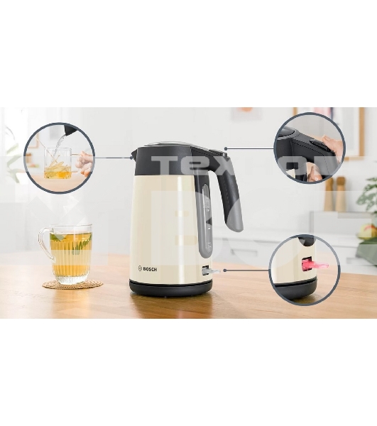 Чайник Bosch TWK7L467, 1.7л, 2400 Вт., нерж.сталь, покрытая эмалью, бежевый, шкала уровня воды