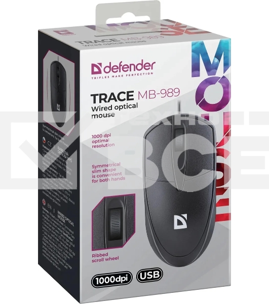 Мышь проводная Defender Trace MB-989 черный, 1000 dpi, USB, кнопки - 3