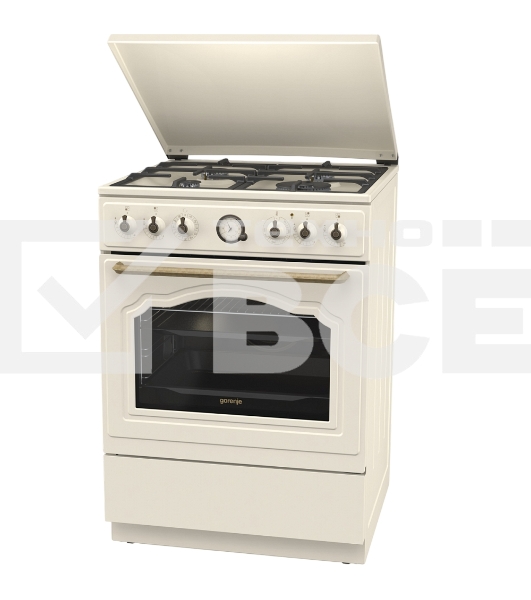 Газовая плита Gorenje GKS6C71CLI, электрическая духовка, металлическая крышка, чугун, слоновая кость