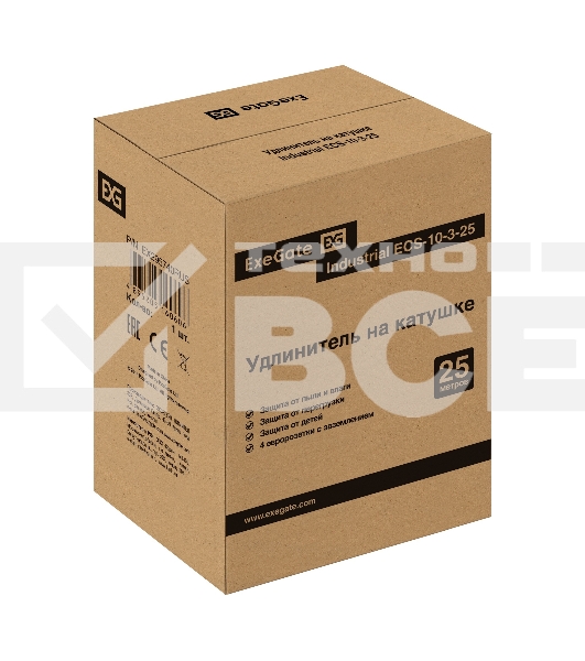 Удлинитель на катушке ExeGate industrial ECS-10-3-25 (4 евророзетки с заземлением, IP20, 25м, защита от детей, защита от перегрузки, 3х1,0мм2, 10А/2.3кВт)