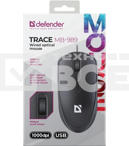 Мышь проводная Defender Trace MB-989 черный, 1000 dpi, USB, кнопки - 3