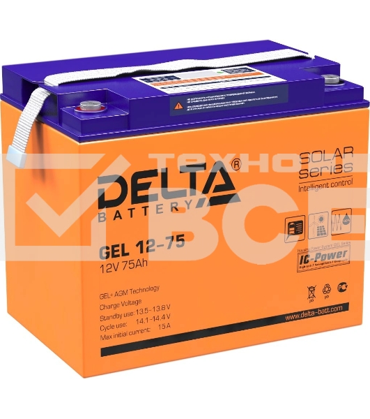 Аккумуляторная батарея Delta GEL 12-75 напряжение 12В, емкость 75Ач (260х168х219mm)