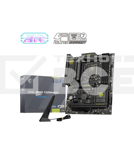 Материнская плата MSI MAG B860 TOMAHAWK WIFI, LGA 1851, Intel B860, 4xDDR5, 4xSATA, 3xM.2, 1xPCIe 4.0 x4, 1xPCIe 5.0 x16, 1xDP, 1xHDMI, 1xUSB-C, 1x 5Gb LAN, 4xUSB-A 2.0, 4xUSB-A 3.2 Gen 2, 7.1, 2x3.5 мм, TOSLINK, ATX