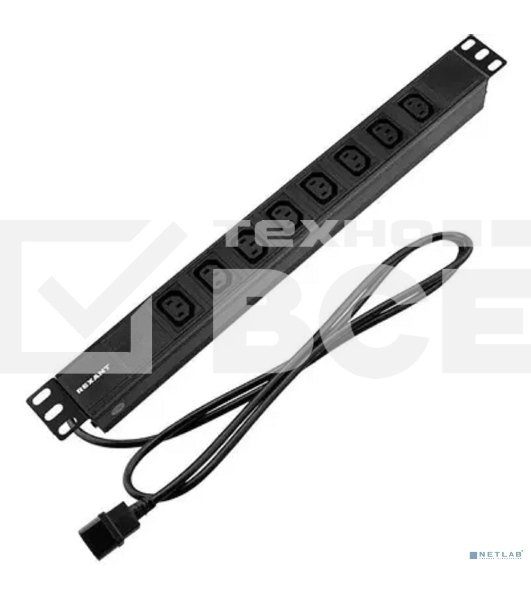 Блок распределения питания Rexant для 19' шкафов, горизонтальный, 8 розеток C13, 10A, без выкл, алюм корп, шнур 2м, вилка C14