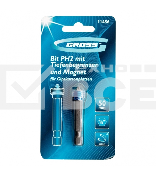 Бита GROSS PH 2x50 мм с ограничителем и магнитом, для ГКЛ, S2Gross 11456