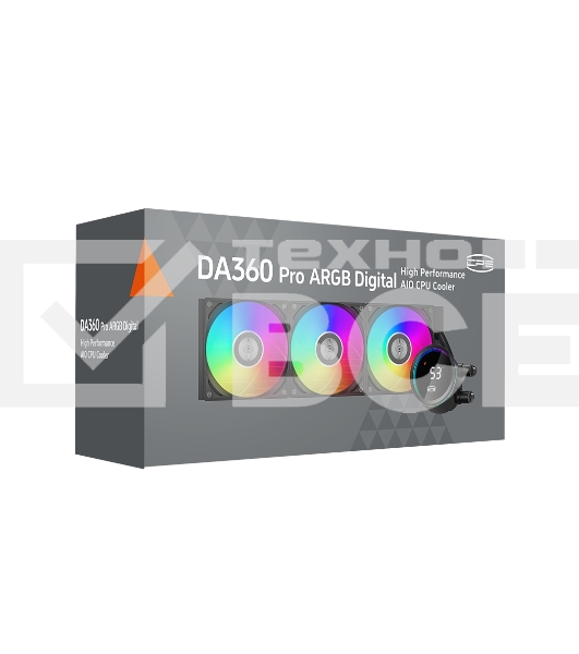 Система охлаждения PCCooler DA360 Pro ARGB Digital BK (300W, 360mm, LED temp., Black, ARGB/ Fans: 3x120mm, 75.8CFM, 33.7dBA, 2200RPM/ Pump height 57mm, 28dBA, 3000RPM, Rad thickness 27mm/ S: 1851, 1700, 1200, 20XX, 115X, AM5, AM4)