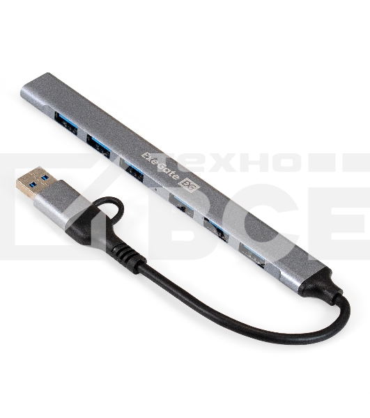 USB-концентратор 7-в-1 ExeGate DUB-761C3 (кабель-адаптер USB Type-A + Type-C --> 6xUSB2.0, 1xUSB3.0, Plug&Play, серебристый)