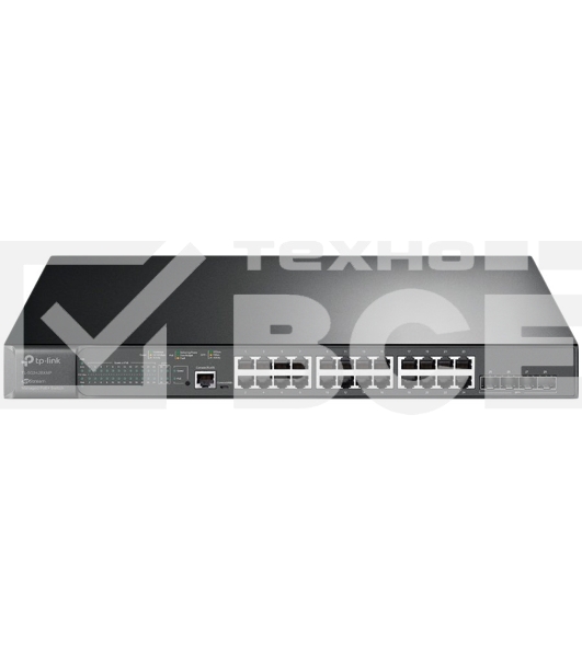 Коммутатор TP-Link 24-port Gigabit Managed PoE switch with 4 10G SFP+ ports, support 802.3af/at PoE, 1 console port, 19-inch rack mount, support L2/L2+ features.