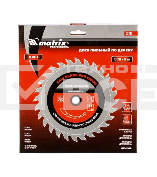 Пильный диск Matrix по дереву, 200x32мм, 36 зубьев, + кольцо, 30/32 Professional