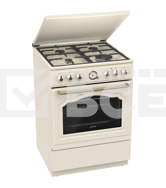 Газовая плита Gorenje GKS6C71CLI, электрическая духовка, металлическая крышка, чугун, слоновая кость