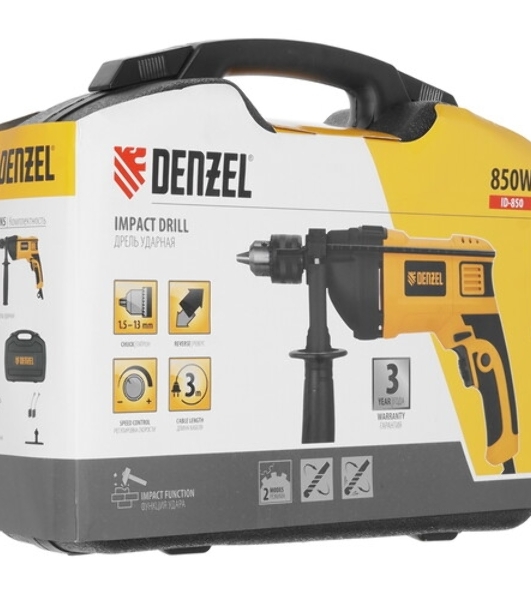 Дрель ударная Denzel IDD-850, 850 Вт, 0-2800 об/мин, 44800 уд/мин