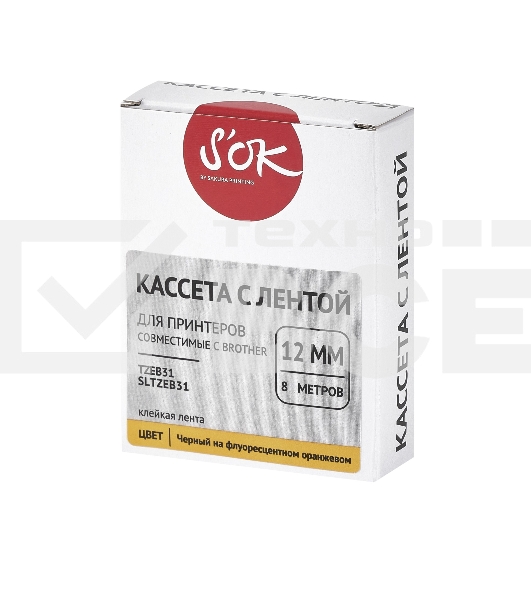 Кассета с лентой S'OK by Sakura Printing TZEB31 для Brother, черный на оранжевом, 12мм/8м, наклейка