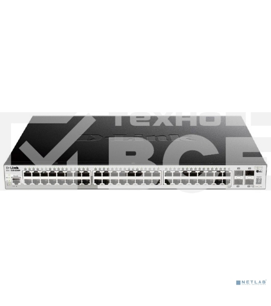 Коммутатор D-Link DGS-1250-52XMP/A1A, L2 Smart Switch with 48 10/100/1000Base-T ports and 4 10GBase-X SFP+ ports (48 PoE ports 802.3af/802.3at (30 W), PoE Budget 370W).16K Mac address, 802.3x Flow Control, 4K
