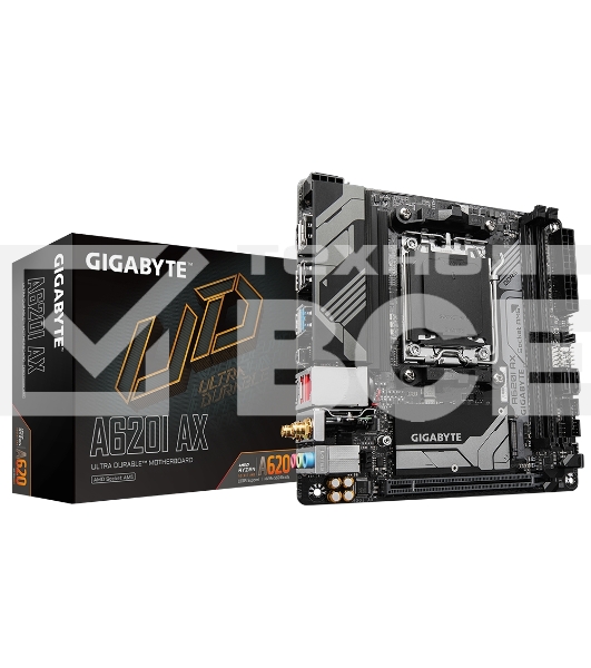 Материнская плата Gigabyte A620I AX, Mini-ITX, AM5, AMD A620, 2xDDR5, 2xSATA, 1xM.2, 1xPCI-E 4.0 x16, 1xHDMI, 1xDP, 1x 2.5Gb LAN, 1xUSB 3.2 Gen 2, 1xUSB 3.2 Gen 1, 3xUSB 2.0, 3x3.5мм, 7.1, ATX