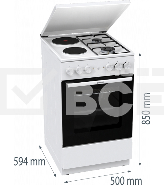 Комбинированная плита Gorenje GK5A12WG, полезный объем 68 л, очистка паром AquaClean, сводчатая форма духовки, механическое управление, электроподжиг, цвет белый