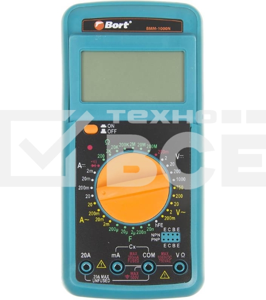 Мультиметр Bort BMM-1000N 91271143 Диапазон постоянного напряжения 0-1000 тип, диапазон постоянного тока 0-20 тип, диапазон переменного напряжения 0-750 тип, 0.3 кг, набор акс 4 шт