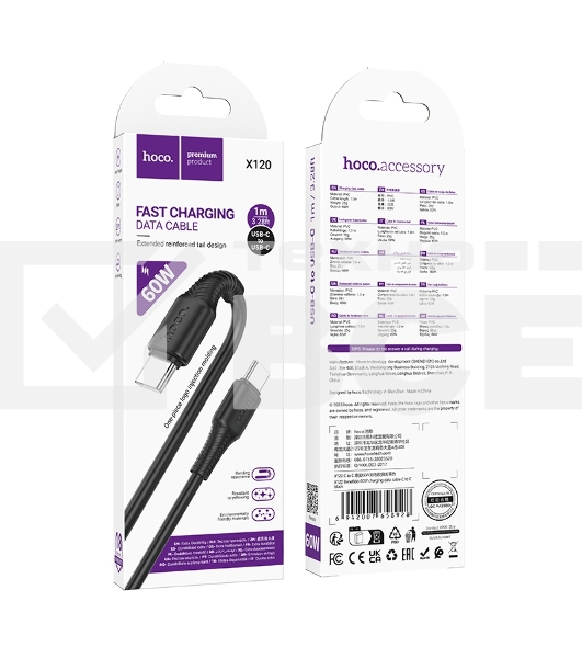 Кабель USB2.0 Hoco Type-C/Type-C, 3А, 60Вт, X120, 1м, черный, коробка