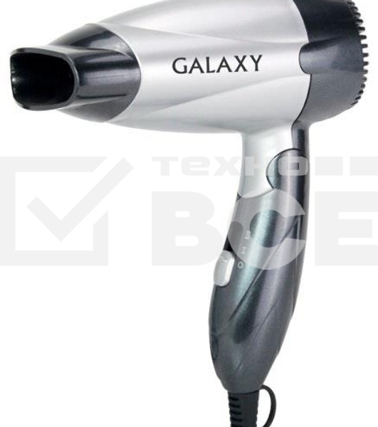 Фен для волос Galaxy Line GL 4305, серебристый с черным, 1400 Вт, 2 скорости потока воздуха, складная ручка, защитная сетка, насадка-концентратор и диффузор в комплекте, подвесная петля