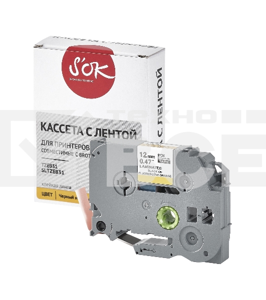 Кассета с лентой S'OK by Sakura Printing TZEB31 для Brother, черный на оранжевом, 12мм/8м, наклейка