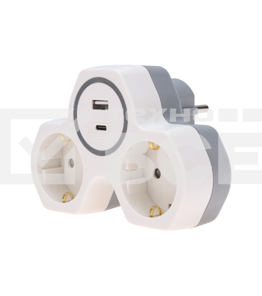 Двойник Rexant электрический (разветвитель) 16А с/з + USB-A + USB-C с защитными шторками, белый