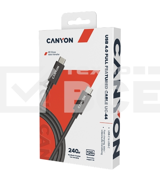 Кабель CANYON, U4-CC-5A1M-E, USB4 TYPE-C to TYPE-C cable assembly 40G 1m 5A 240W(ERP) with E-MARK, CE, ROHS, black