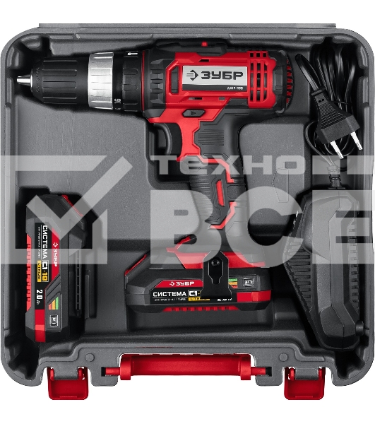Дрель-шуруповерт аккумуляторная Зубр ДШУ-185-22, Аккумуляторный, 18В, 2 АКБ, Ударный, Кейс