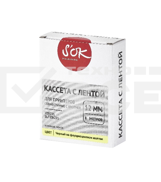 Кассета с лентой S'OK by Sakura Printing TZEC31 для Brother, черный на желтом, 12мм/8м, наклейка