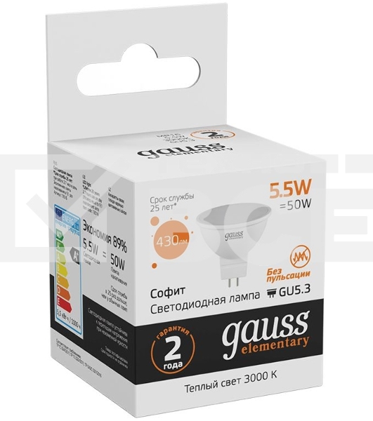 Лампа GAUSS LED Elementary 13516MR16 GU5.3 5.5W 2700К1/10/100