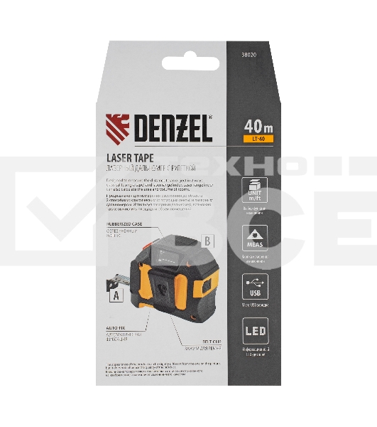 Лазерный дальномер с рулеткой Denzel LT-40, 5м x 19 мм, дальномер 40м, автомат. фиксация