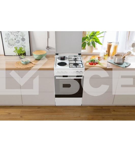 Комбинированная плита Gorenje GK5A12WG, полезный объем 68 л, очистка паром AquaClean, сводчатая форма духовки, механическое управление, электроподжиг, цвет белый