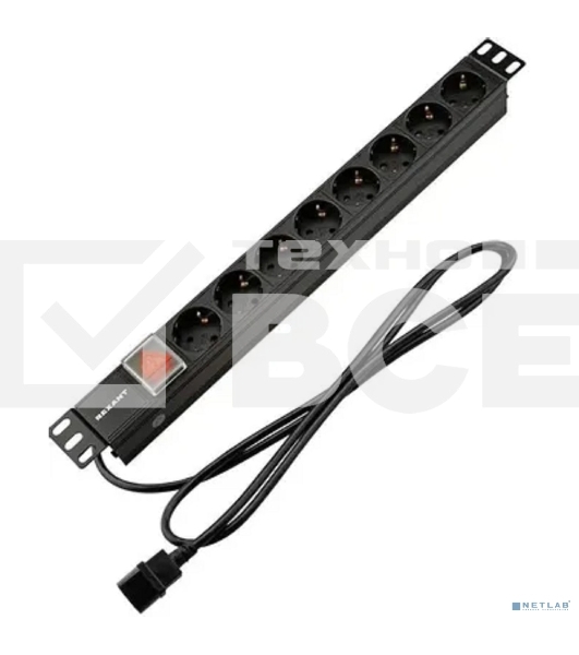 Блок распределения питания Rexant для 19' шкафов, горизонтальный, 8 розеток СЕЕ 7/4, 10A, выкл, алюм корп, шнур 2м, вилка C14