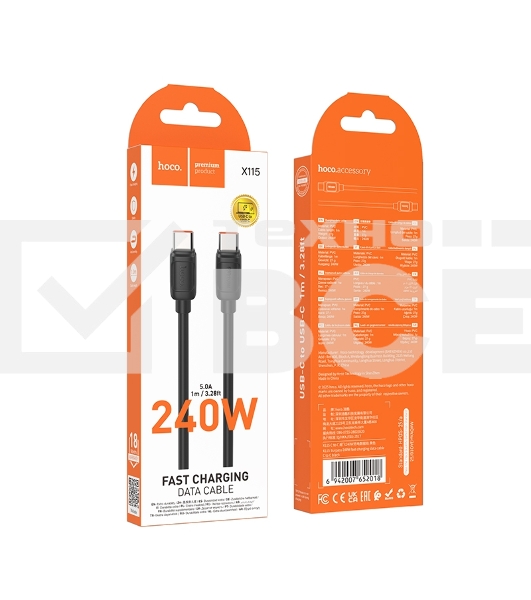 Кабель USB2.0 Hoco Type-C/Type-C, 5A, 240Вт, X115, 1м, черный, коробка