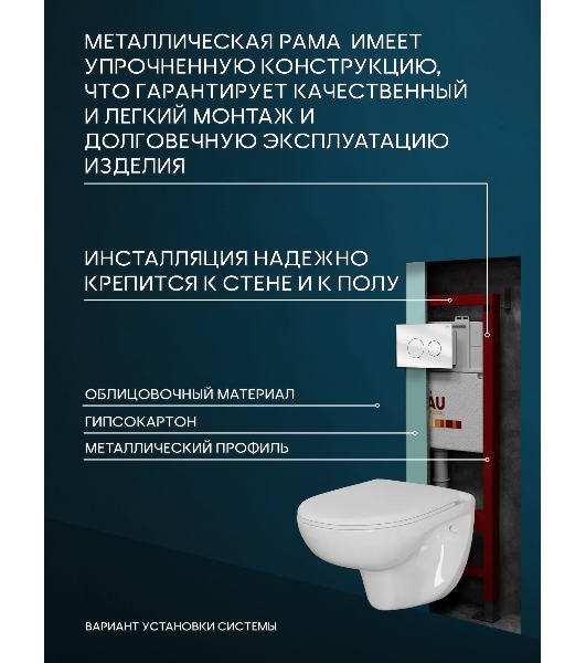 Комплект BAU 6 в 1: инсталляция BAU PRO для подвесного унитаза, унитаз подвесной безободковый Bau Novo, быстросъемное сиденье микролифт, кнопка из стекла BAU Dream, белая