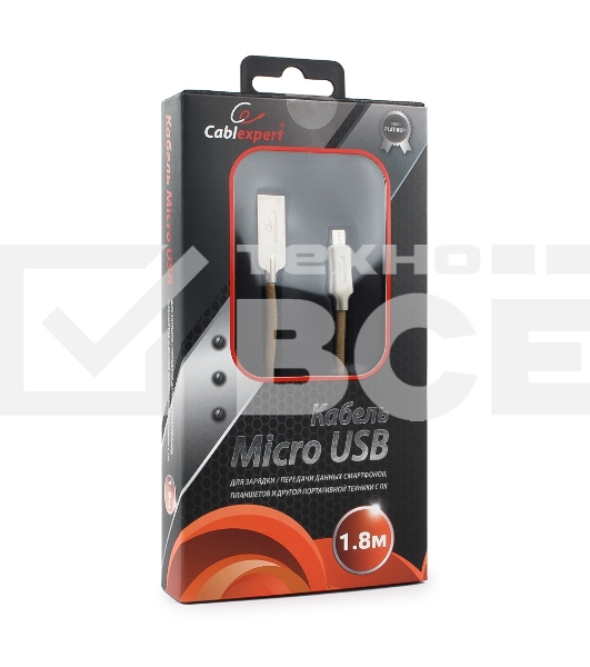 Кабель USB 2.0 Cablexpert CC-P-mUSB02Gd-1.8M, AM/microB, серия Platinum, длина 1.8м, золотой, блистер