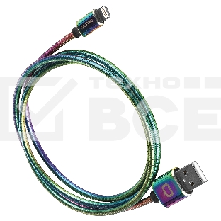 Кабель Qumo, MFI С48, USB-Apple 8 pin, 1м, 5В, 2,4A, 12Вт, опл. металл. пружинка, кон. металл, rainbow