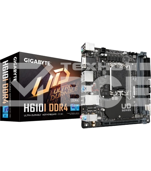 Материнская плата Gigabyte H610I DDR4, LGA 1700, Intel H610, 2xDDR4, 4xSATA, 1xM.2, 1xPCIe 4.0 x16, 1xHDMI, 1xVGA, 2xDP, 1x 1Gb LAN, 2xUSB-A 3.2 Gen 1, 4xUSB-A 2.0, 3x 3.5 мм, 7.1, Mini-ITX