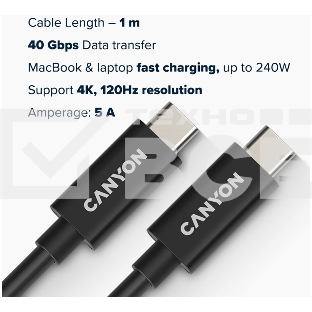 Кабель CANYON, U4-CC-5A1M-E, USB4 TYPE-C to TYPE-C cable assembly 40G 1m 5A 240W(ERP) with E-MARK, CE, ROHS, black
