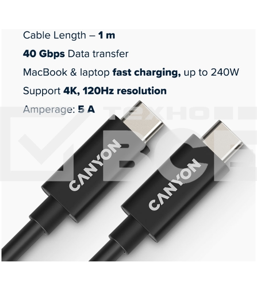 Кабель CANYON, U4-CC-5A1M-E, USB4 TYPE-C to TYPE-C cable assembly 40G 1m 5A 240W(ERP) with E-MARK, CE, ROHS, black