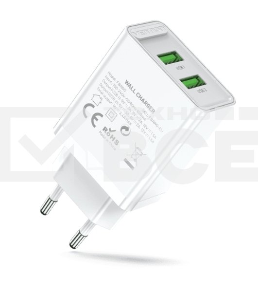 Сетевое зарядное устройство Vention на 2 порта USB (A+A) QC 3.0 Белый