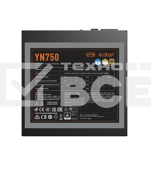 Блок питания  PCCOOLER, 750W 80+ Gold (ATX, 3.1, PCIe 5.1 600W, Full modular, 1x24(20+4)pin 550mm, 2xCPU 8(4+4)pin 650mm, 3xPCIe 8(6+2)pin 500mm, 1x12V(2x6) 12+4pin 650mm, 3xSATA*3+MOLEX4pin*1 450+120+120+120mm , Active, 135x135mm, 150x150x86mm, APFC, OVP