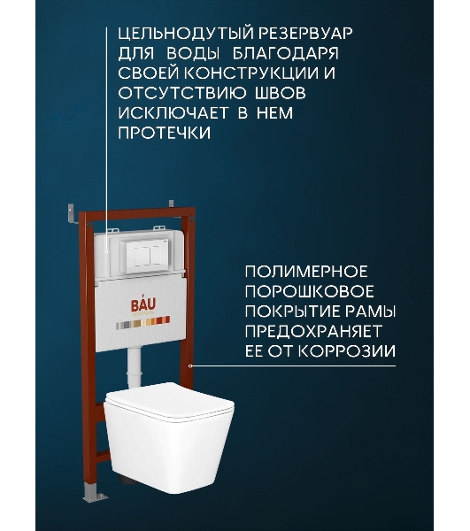 Комплект BAU 6 в 1: инсталляция BAU PRO, Унитаз подвесной безободковый Bau Stil 51x35, сиденье дюропласт микролифт, клавиша BAU Stil, белый глянец