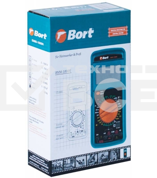 Мультиметр Bort BMM-1000N 91271143 Диапазон постоянного напряжения 0-1000 тип, диапазон постоянного тока 0-20 тип, диапазон переменного напряжения 0-750 тип, 0.3 кг, набор акс 4 шт