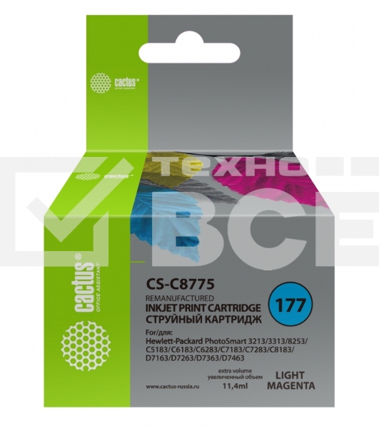 Картридж струйный Cactus CS-C8775 №177 светло-пурпурный (11.4 мл) для HP PS 3213/3313/8253/C5183/C6183/C6283/C7183/C7283/C8183/D7163/D7263/D7363/D7463